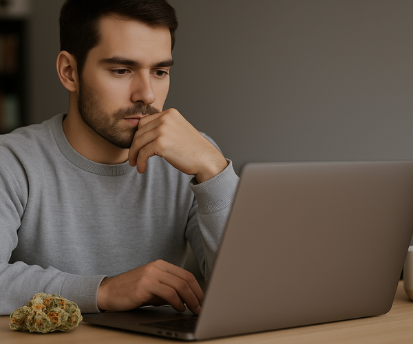 Man researching on laptop with cannabis buds beside him, considering buying weed online in Canada