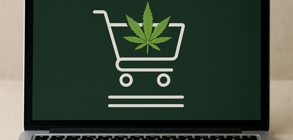 Laptop screen displaying a shopping cart with a cannabis leaf, symbolizing cannabis online shopping