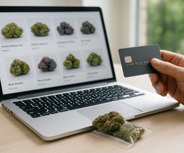 Person buying Gastro Pop weed online using a credit card and laptop at a online dispensary
