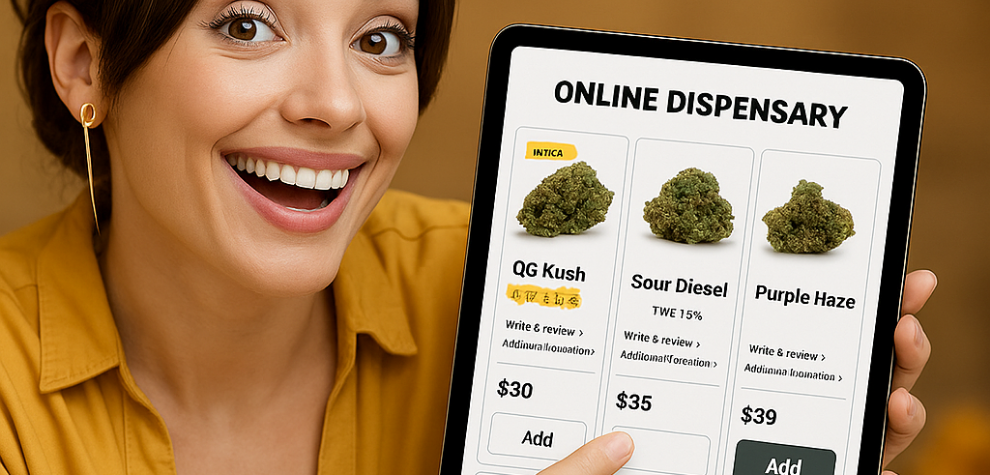 Woman pointing at cannabis strains on an online dispensary website displayed on a tablet