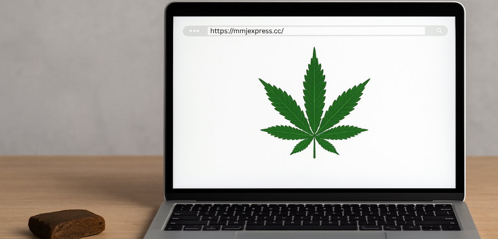 Laptop screen displaying cannabis leaf and MMJExpress website URL, symbolizing where to order hash online in Canada