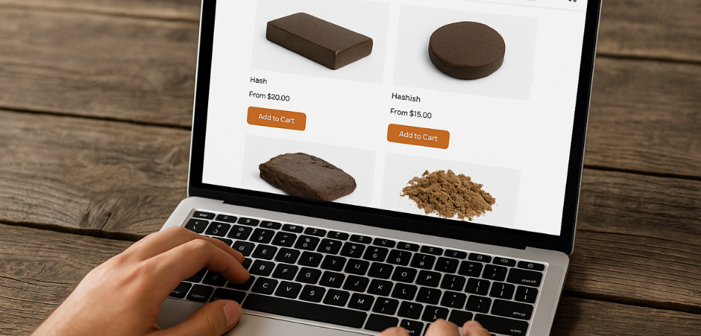 Person browsing an online dispensary on a laptop, viewing various types of hashish products for purchase — depicting where to buy hash online