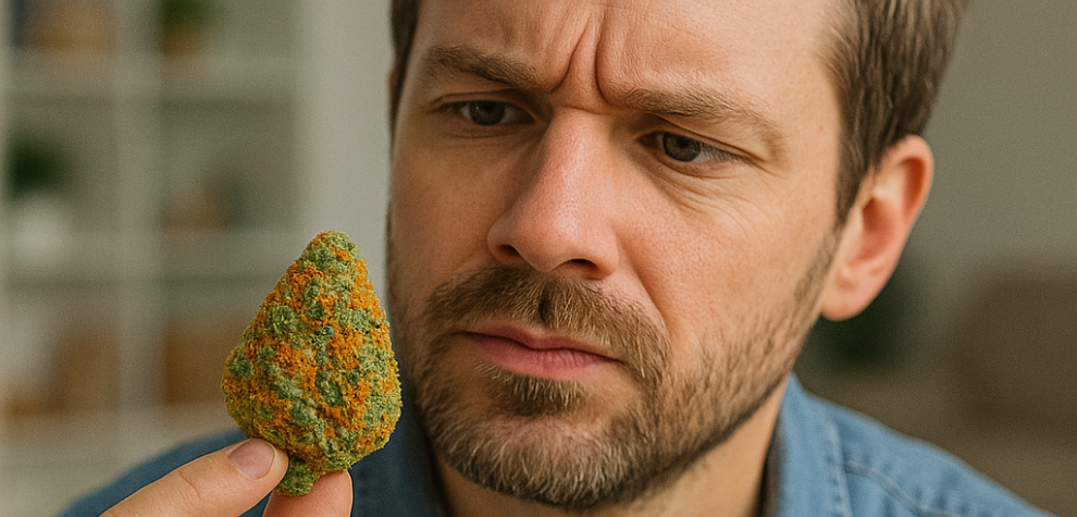 Man closely examining a colorful cannabis bud, questioning if the strain is right for his needs