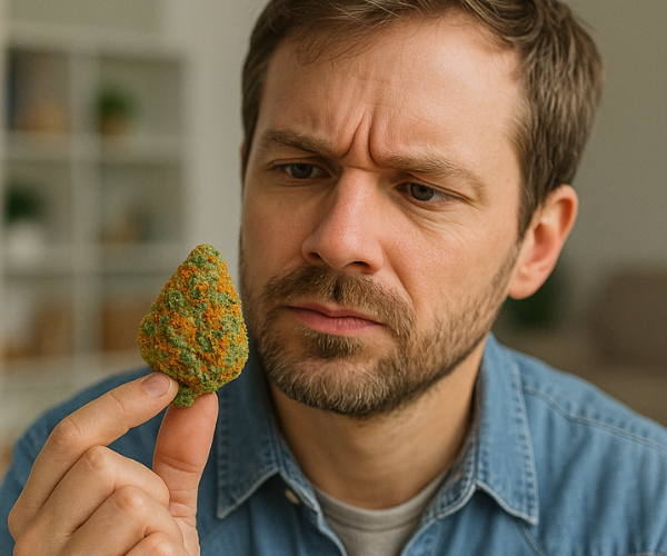 Man closely examining a colorful cannabis bud, questioning if the strain is right for his needs