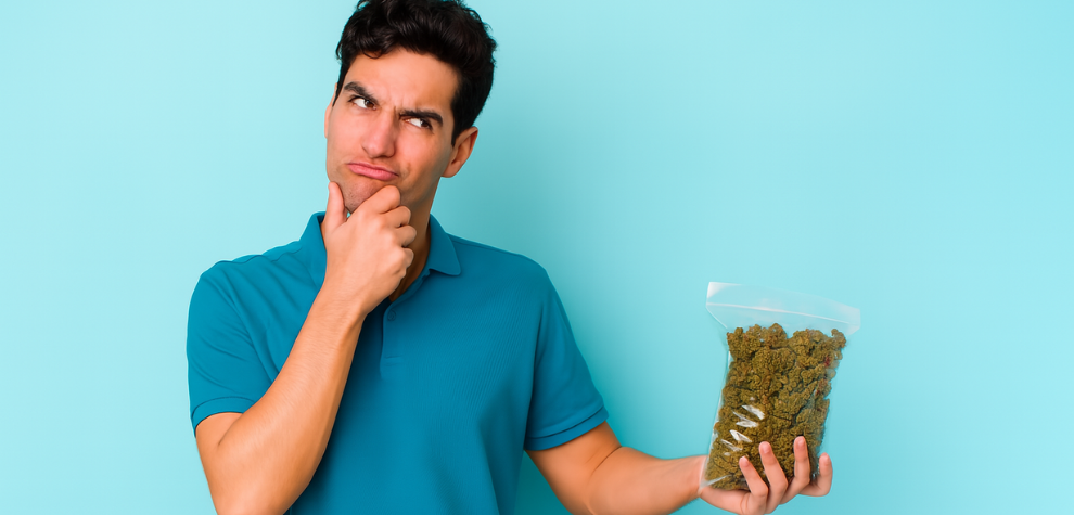 A man in a blue shirt holding a large bag of cannabis, looking thoughtful while deciding whether buying online is a good choice