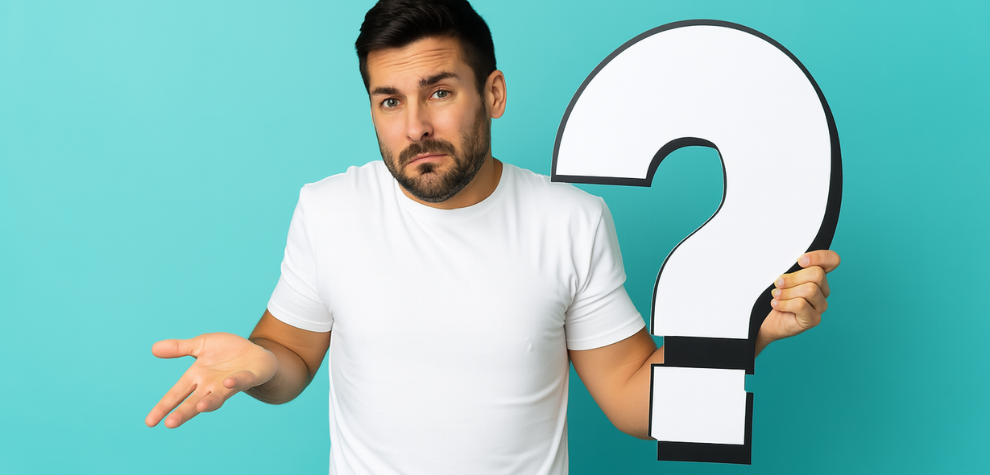 Confused man shrugging and holding a large question mark, symbolizing uncertainty about choosing top shelf cannabis