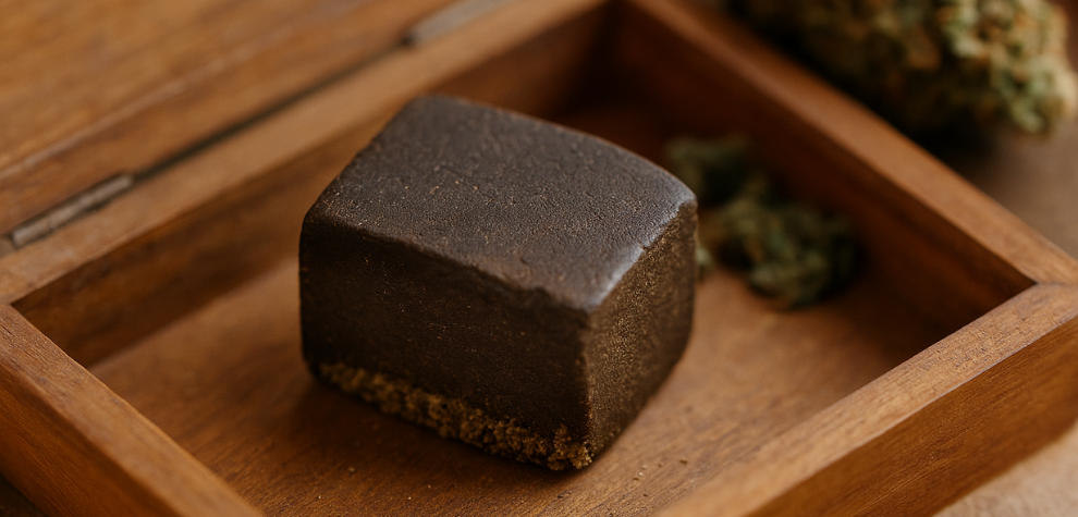 Close-up of premium cannabis hash in a wooden stash box, symbolizing why hash deserves a place in your stash box collection