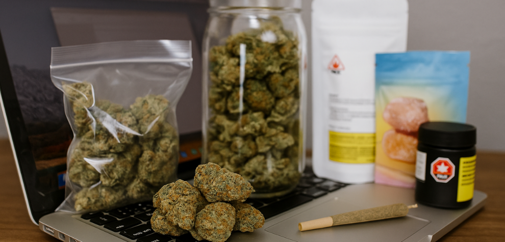 Various cannabis products including buds, jars, edibles, and pre-rolls displayed on a laptop, showing online dispensary variety