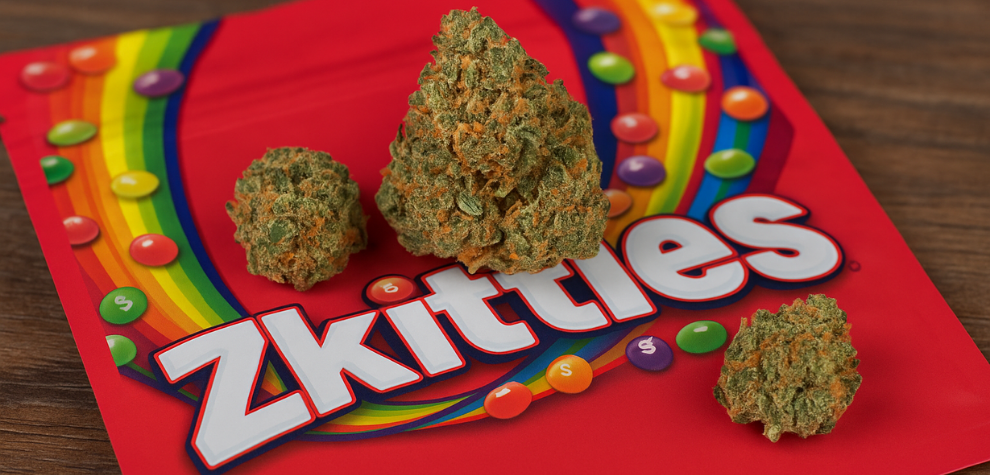 Zkittlez strain buds placed on colorful branded packaging highlighting genetic origins