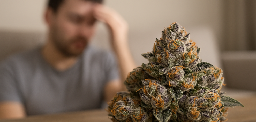 Zkittlez strain bud in focus with a man in the background holding his head, indicating effects