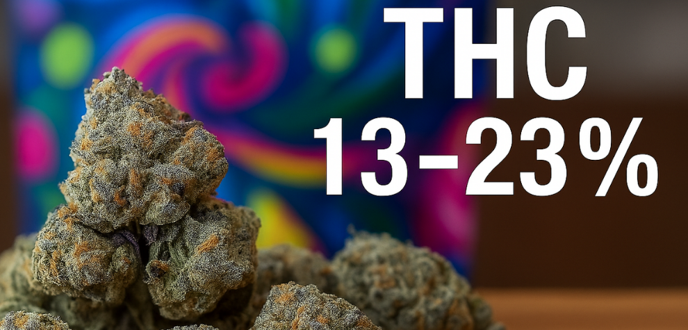 Close-up of Zkittlez strain cannabis buds with THC level 13–23% shown on a vibrant backdrop