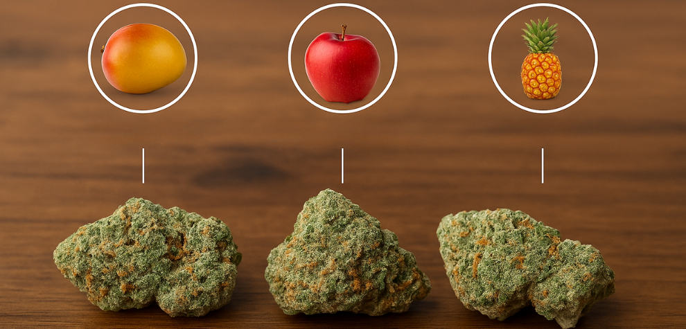 Zkittlez strain buds with mango, apple, and pineapple icons showing its fruity terpene profile
