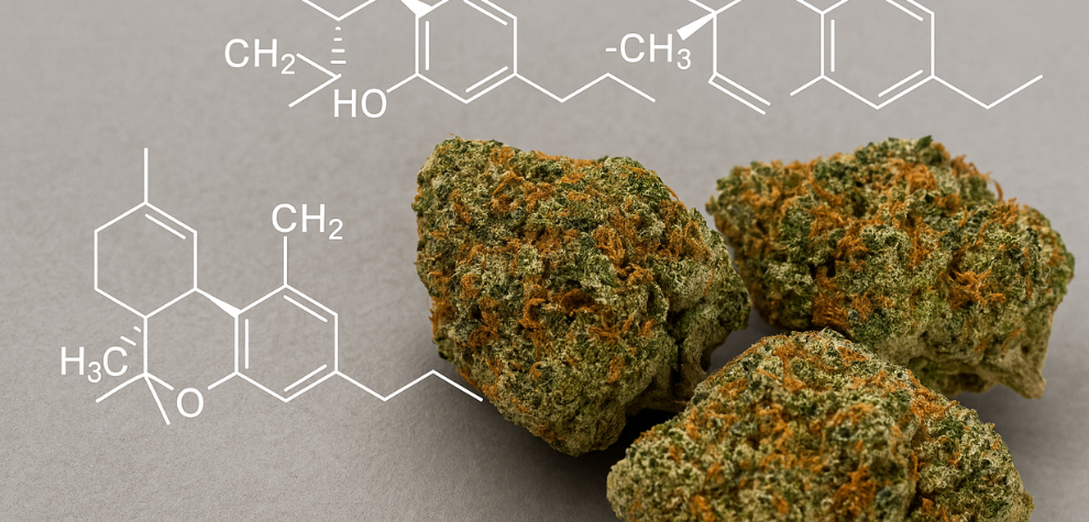 Cannabis buds with chemical structures in the background, representing a full spectrum of cannabinoids and terpenes