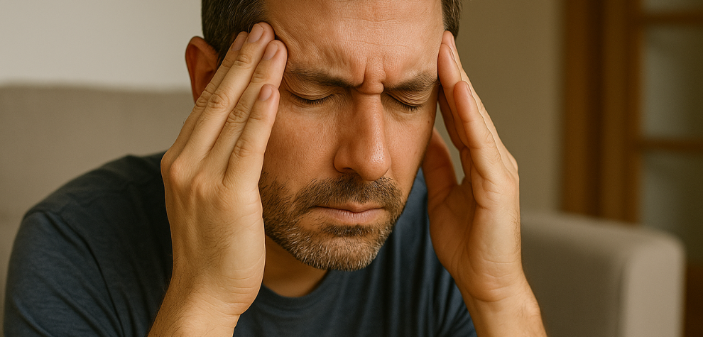 Man holding his head with eyes closed, showing discomfort possibly from an adverse reaction to Hindu Kush weed