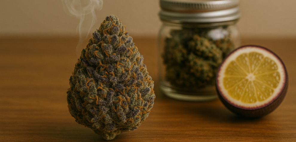 Death Bubba bud with citrus fruit and jar in background, representing its rich aroma and flavor profile