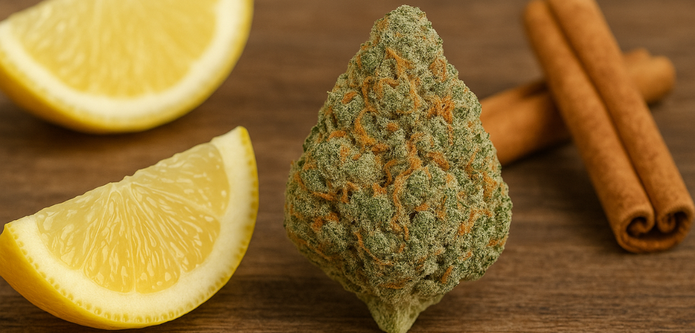 Hindu Kush weed bud with lemon slices and cinnamon sticks, suggesting its citrus-spice aroma and earthy flavour profile