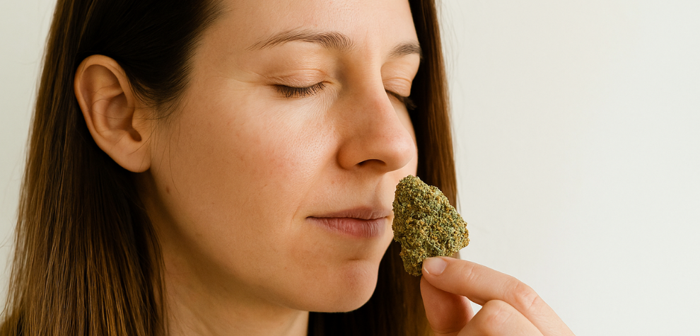 Woman with closed eyes smelling a cannabis bud, capturing the strong and distinct aroma of the GMO Cookies strain