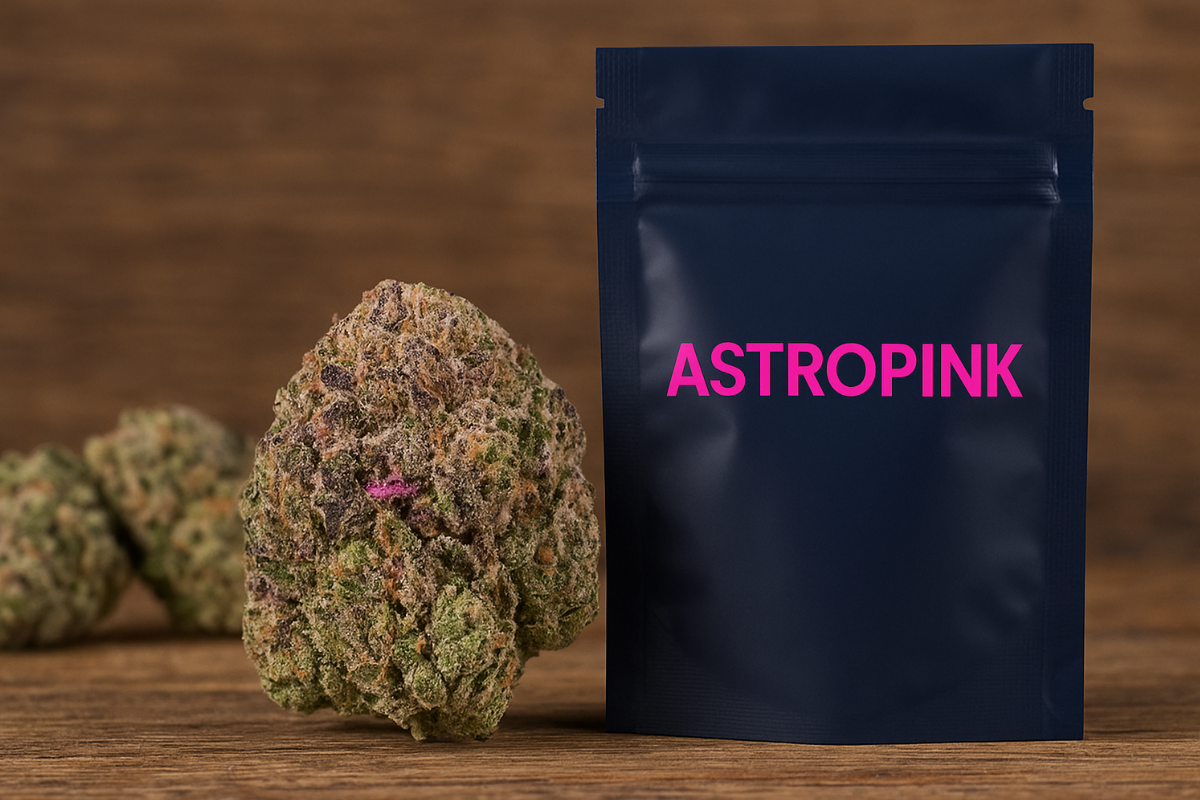 Astropink cannabis bud with pink hues beside branded packaging, representing a deep, sedating high in a sticky nug