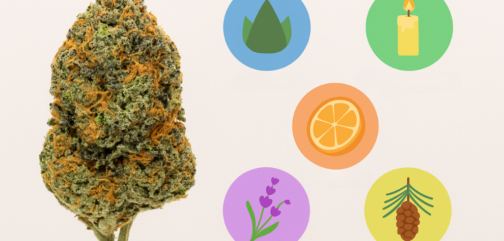 Astropink cannabis bud with illustrated terpene icons including citrus, lavender, pine, and herbal notes to represent its aroma profile