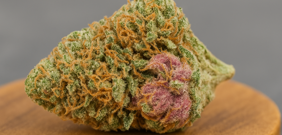 Astropink cannabis bud with vibrant pink and orange hairs, highlighting its unique appearance and origin details