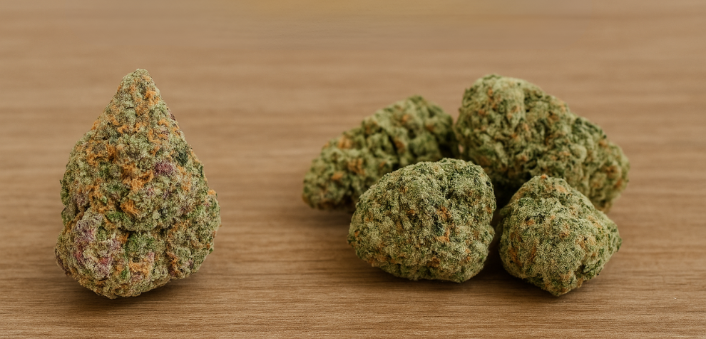 Side-by-side comparison of Astropink weed bud and other cannabis strains on a wooden surface, highlighting visual differences
