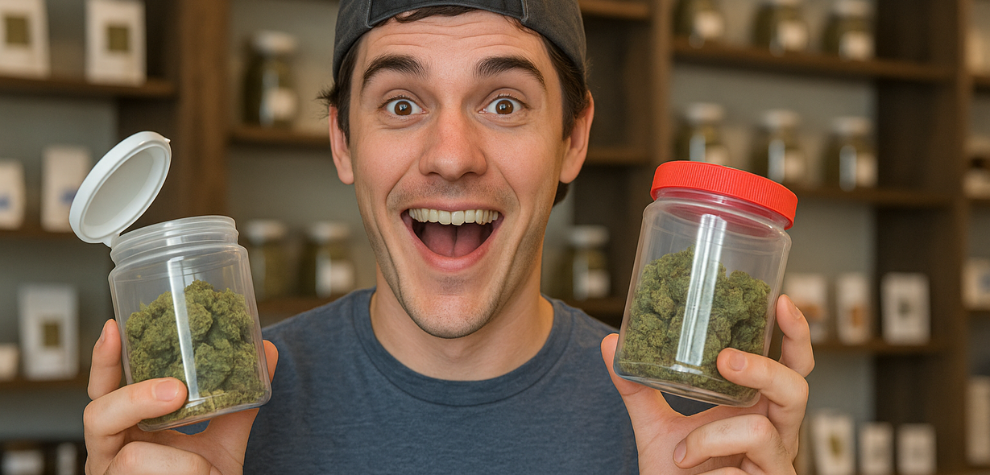 Excited man holding two cannabis jars, showing BOGO (Buy One Get One) weed deals at a dispensary