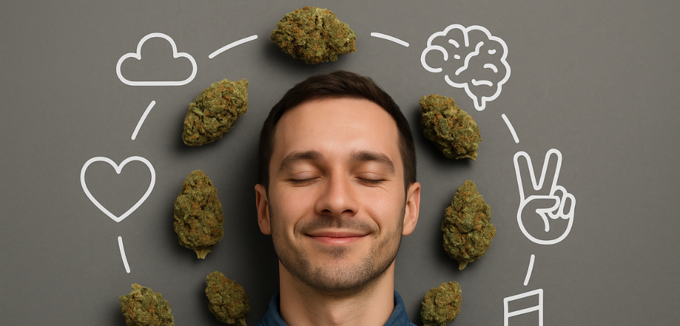 Smiling man surrounded by cannabis buds and icons symbolizing peace, love, and brain wellness, representing live resin cart effects