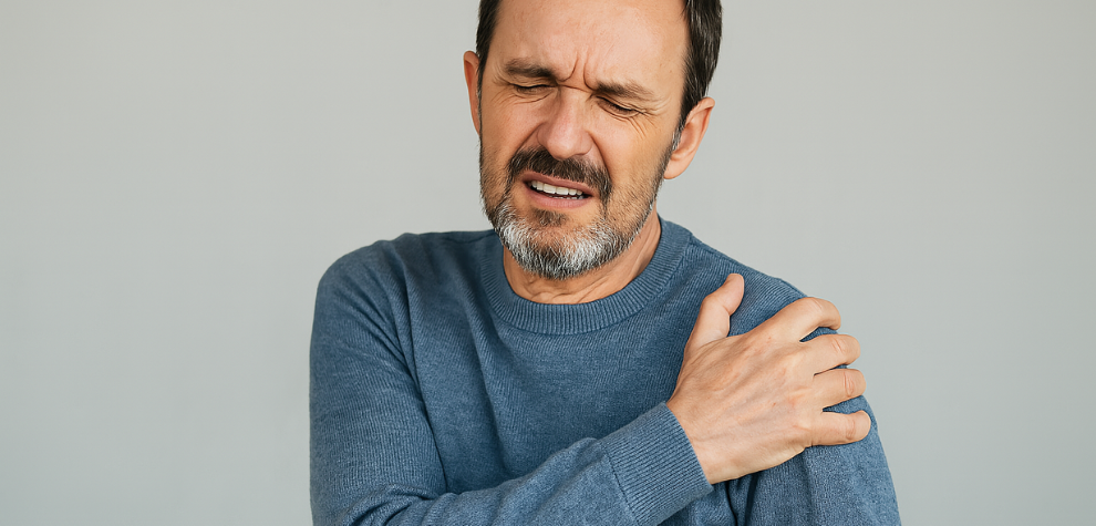 Middle-aged man holding his shoulder, representing the pain relief benefits of using Astropink weed