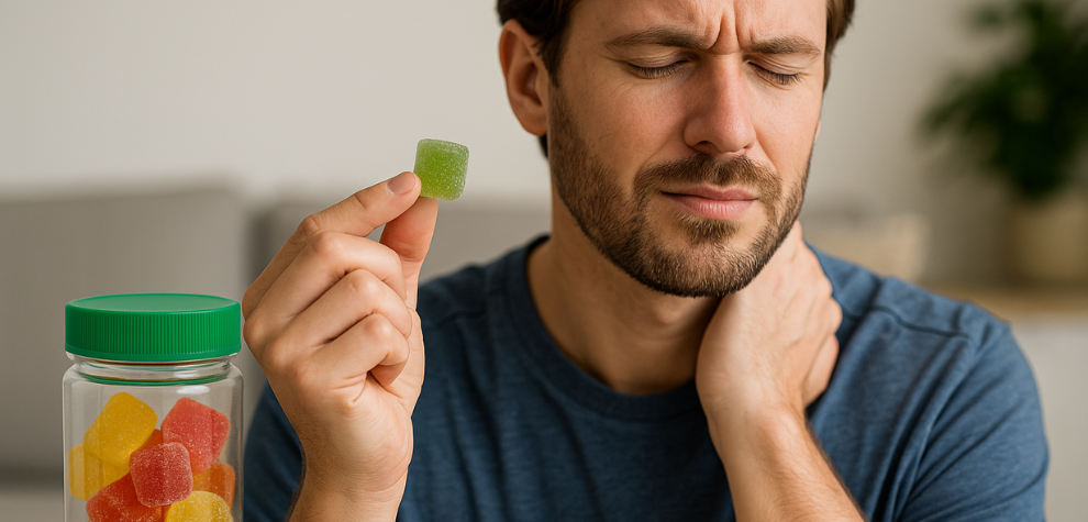 Man holding a CBD gummy and touching his neck in discomfort, representing the potential pain relief benefits of CBD gummies