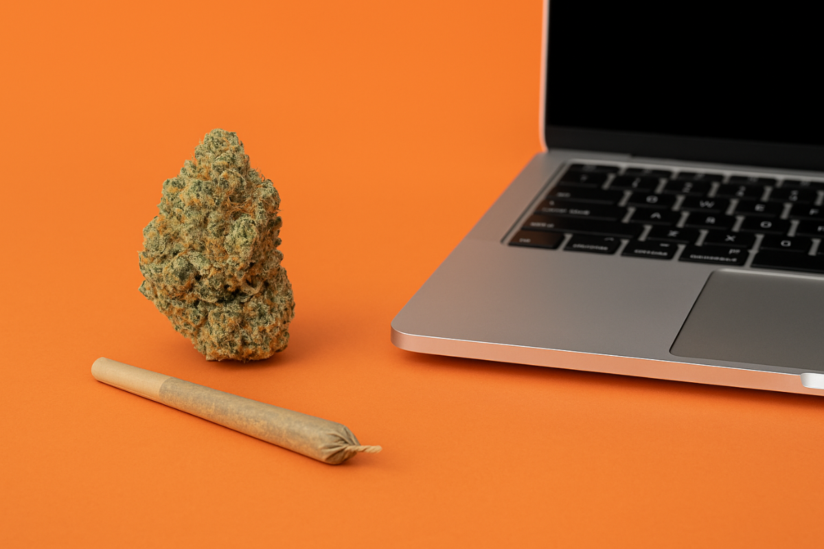 Cannabis bud, pre-roll joint, and laptop on an orange background, representing the ease of buying Sativa weed online in Canada for an uplifting high