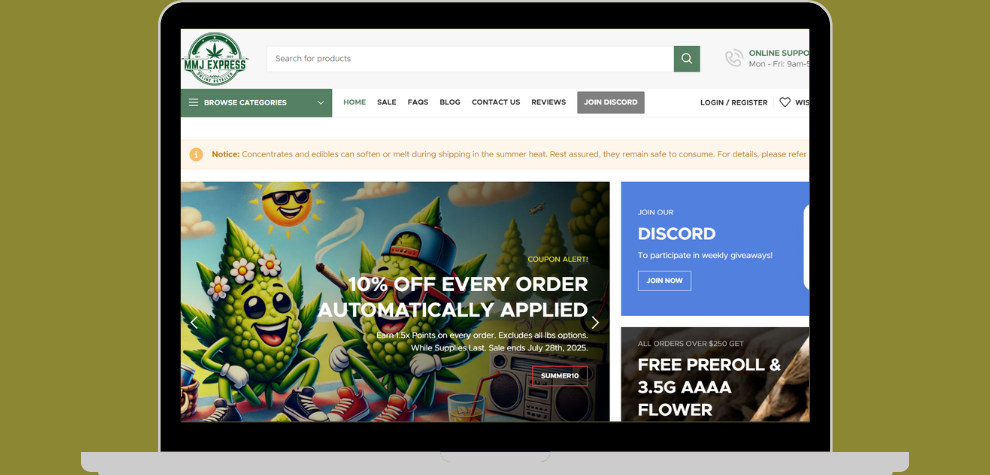 MMJExpress homepage showing cannabis deals including 10% off every order and free preroll with purchase, viewed on a laptop screen