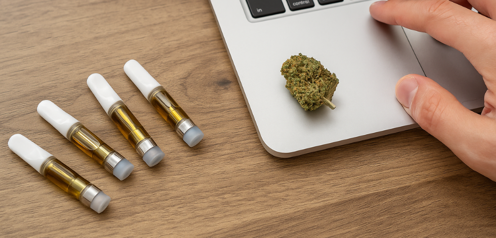 A hand browsing on a laptop next to premium live resin vape carts and a cannabis bud, representing online shopping in Canada