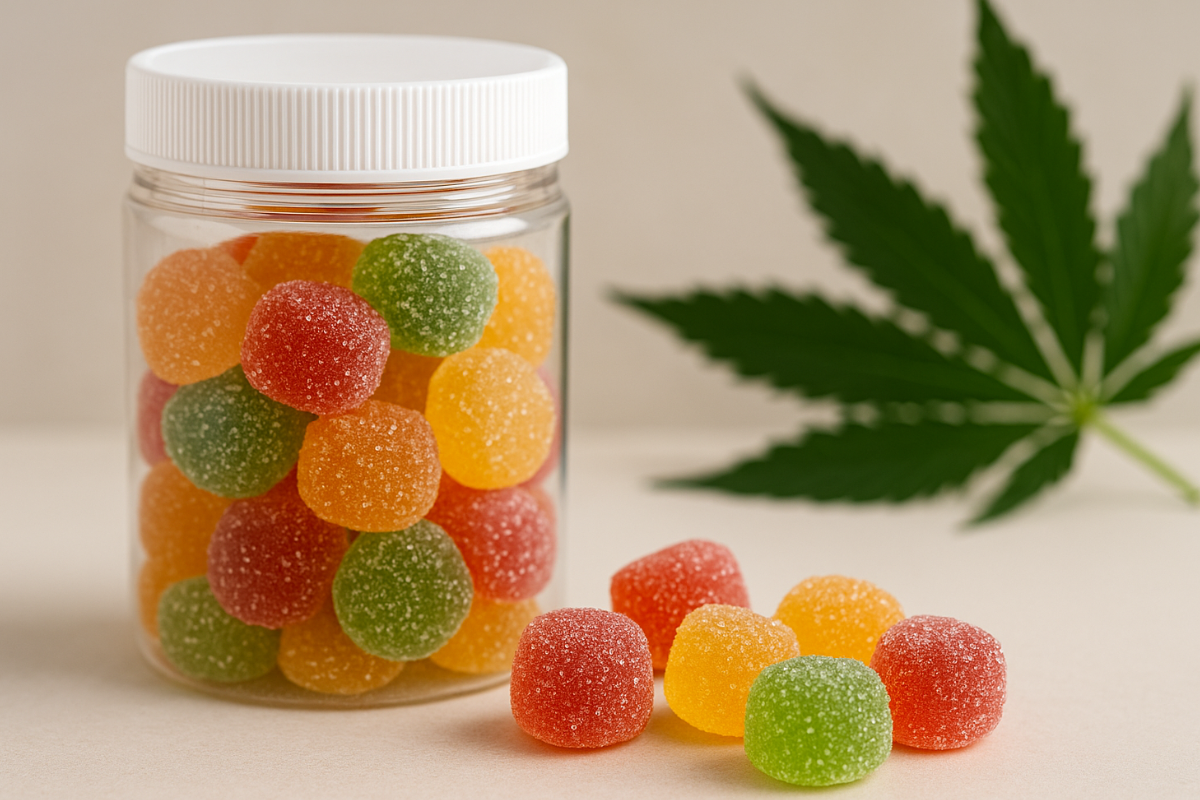 Jar of colorful CBD gummies with cannabis leaf in background, representing flavour-packed CBD gummies in Canada for on-the-go calm
