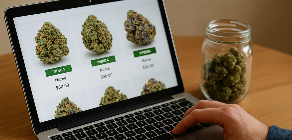 Person browsing cannabis strains by type (Indica, Hybrid) on a laptop while shopping online for weed