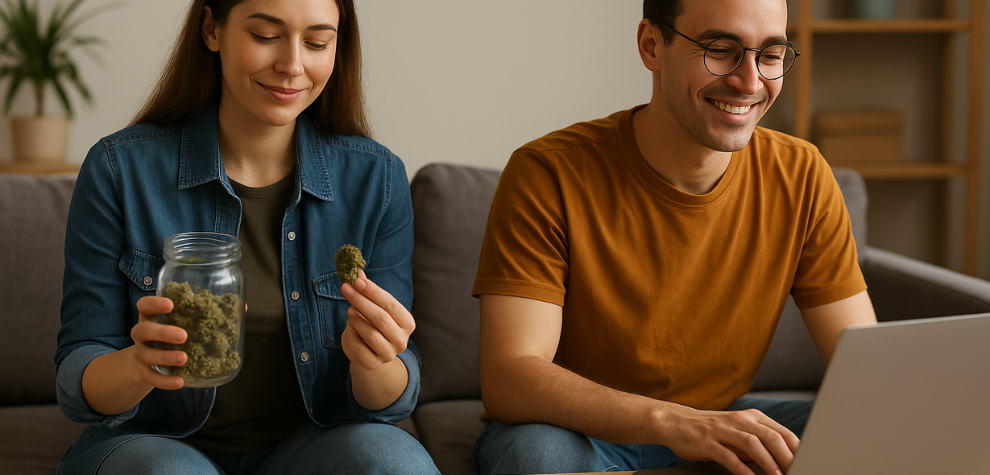Woman holding ganja buds beside a man using a laptop, showing how to choose the right ganja strains and control your high