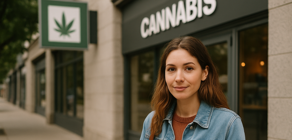 Woman standing outside a cannabis dispensary, highlighting tips for choosing a reliable and affordable dispensary nearby