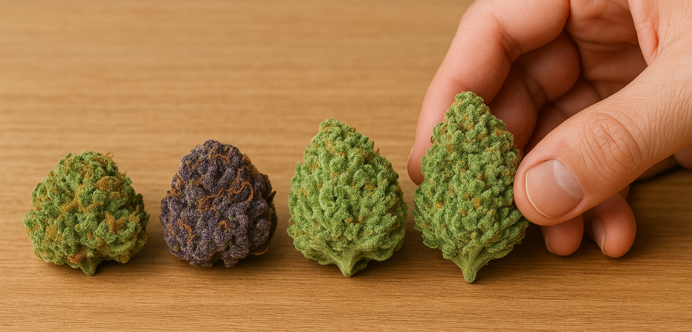 Hand selecting from a row of colorful cannabis buds on a wooden surface, representing the process of choosing the right weed strain