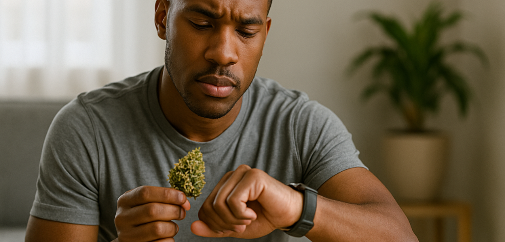 Man holding a ganja bud and checking his watch, symbolizing the importance of timing when choosing types of ganja