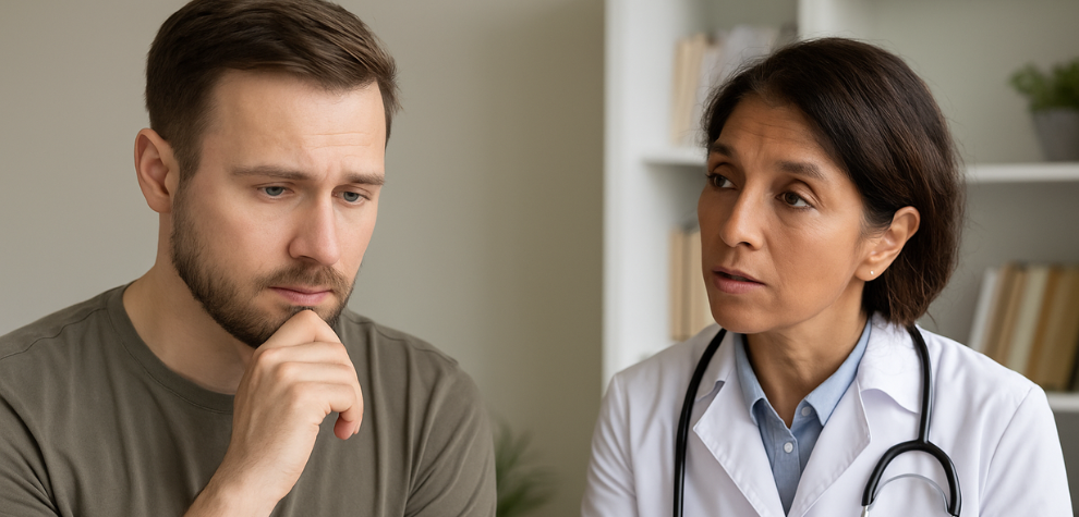 Concerned man speaking with a doctor about cannabis use and prescription medication interactions