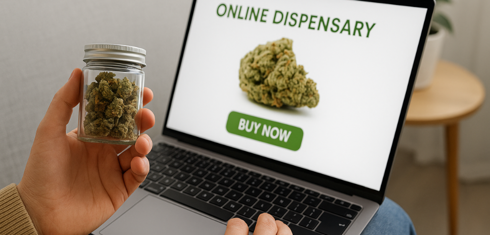 Person holding cannabis jar while browsing an online dispensary on a laptop, highlighting convenience of discounted shopping