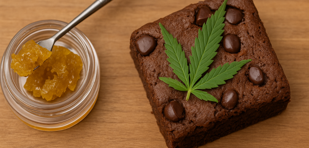 Cannabis brownie topped with a ganja leaf beside a jar of yellow concentrate, representing edible and concentrate forms of ganja