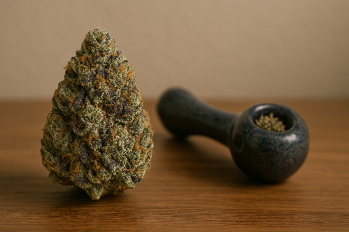 Death Bubba cannabis nug with a filled pipe on wooden surface, known for deep relaxation and nighttime stress relief
