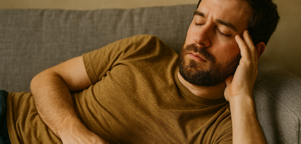 Man resting peacefully on a couch with eyes closed, illustrating the calming and sedative effects of Death Bubba strain