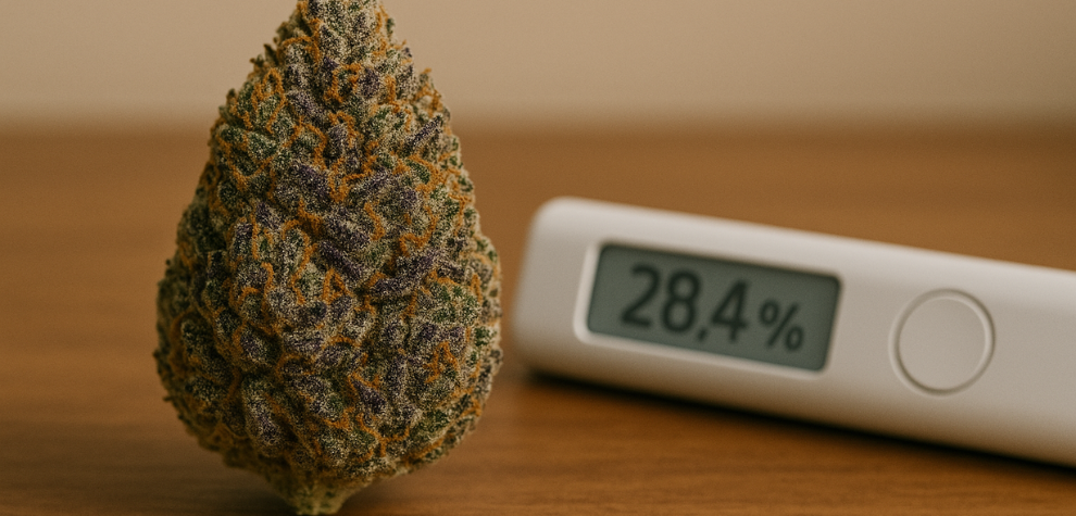 Death Bubba cannabis bud next to digital THC meter displaying 28.4%, indicating high potency of the strain