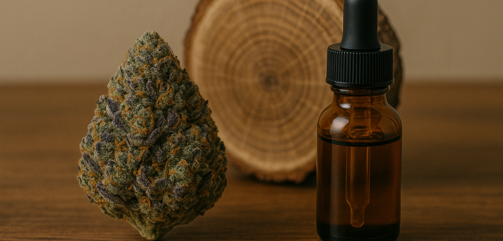 Death Bubba cannabis bud with dropper bottle and wood slice, highlighting the strain’s natural terpene profile