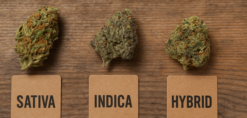Three labeled cannabis buds—Sativa, Indica, and Hybrid—displaying different types of cannabis strains and what they offer