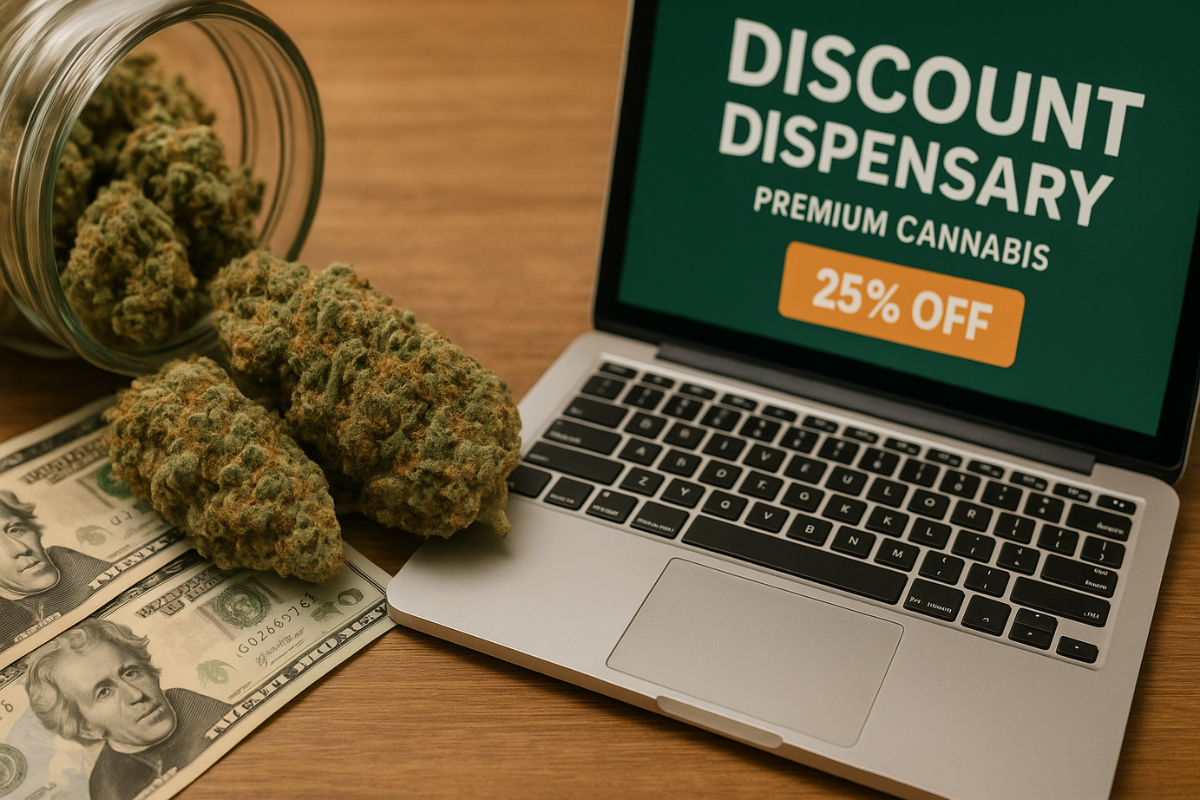 Laptop screen showing “Discount Dispensary” ad with cannabis buds and cash nearby, promoting 25% off premium products