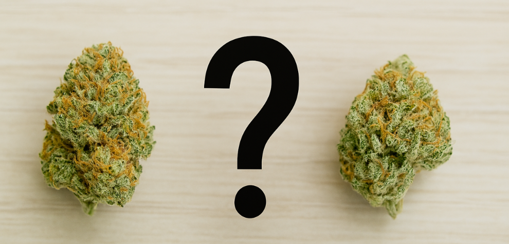 Two cannabis buds with a large question mark between them, suggesting a query about Lemon Haze strain's genetic offspring