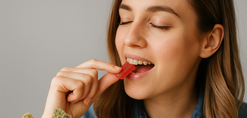 Woman smiling with closed eyes while eating a red cannabis gummy, enjoying MK Ultra edibles