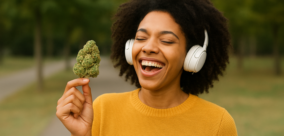 Joyful woman wearing headphones and holding a cannabis bud outdoors, symbolizing the uplifting energy from the best Sativa weed strains in Canada